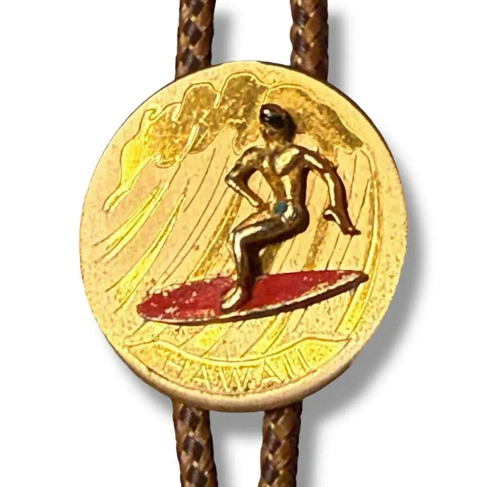 Vintage Hawaiian Bolo Tie Mens Coastal Cowboy Brass 3D Medallion Fabric Chord
